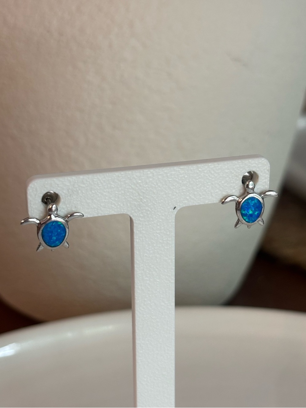 Sterling Silver Blue Opal Sea Turtle Stud Earrings 12.4mm Marine Beach Jewelry